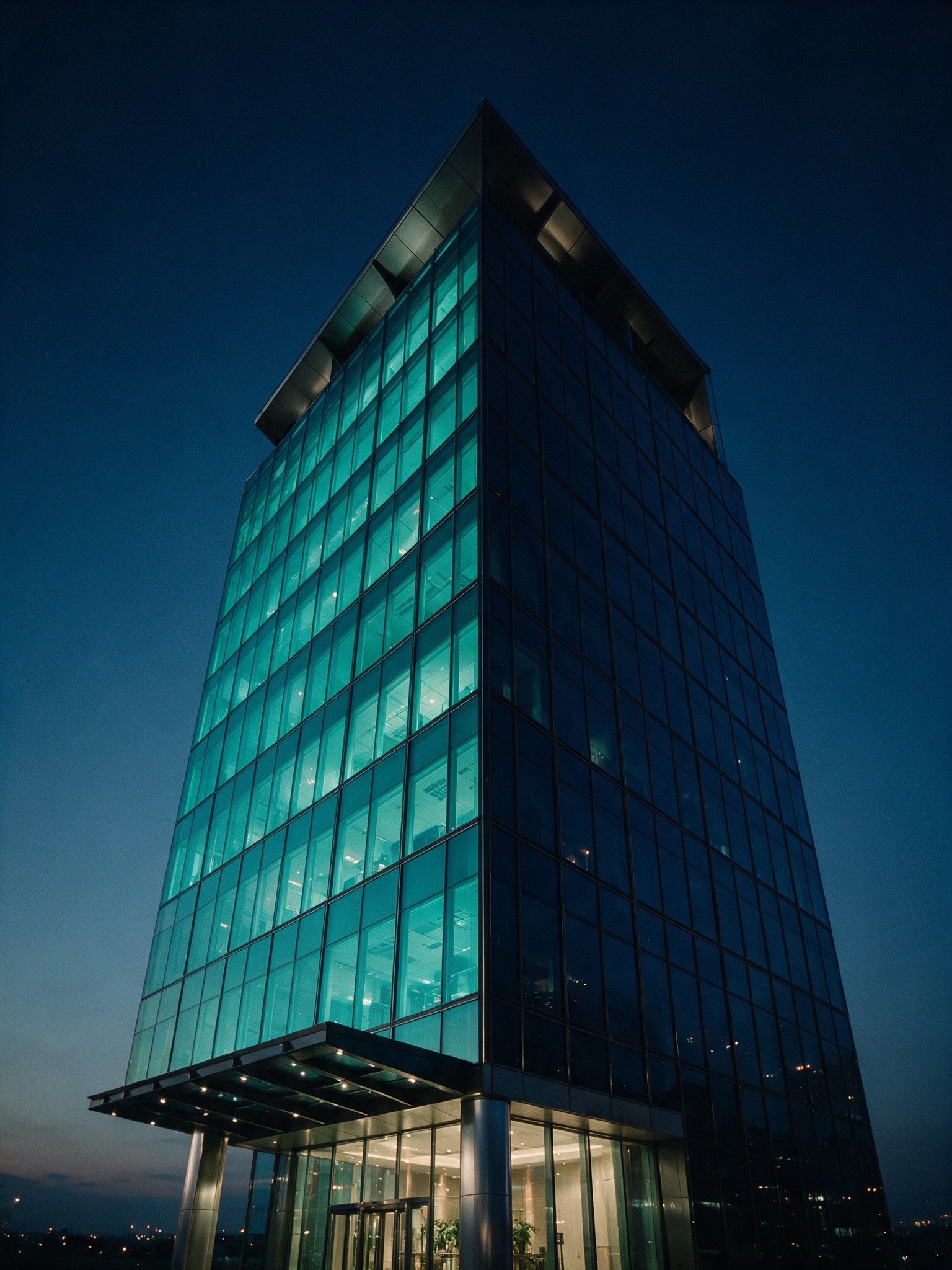 Glass tower at dusk, one facade lit teal, the other in shadow